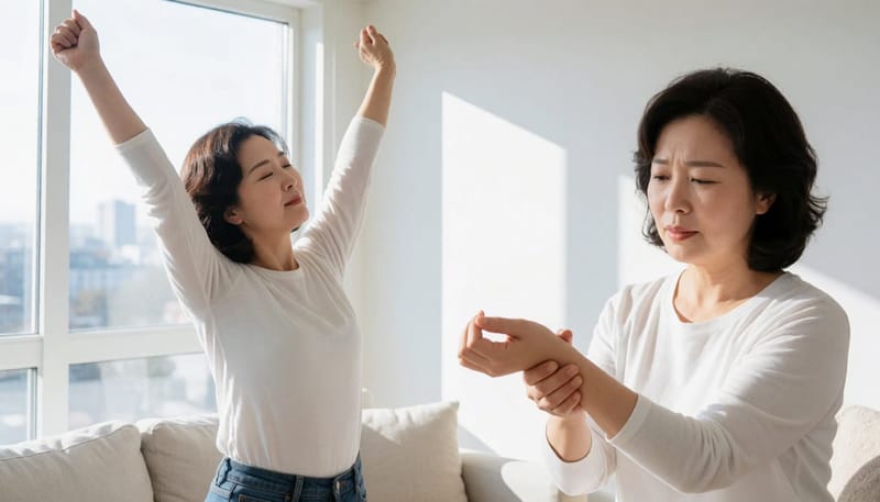 팔을 들어 스트레칭하다 손목 안쪽을 살피며 다른 느낌을 확인하는 여성