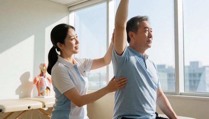 물리치료사가 환자의 어깨와 팔 자세를 점검하는 재활 클리닉 장면