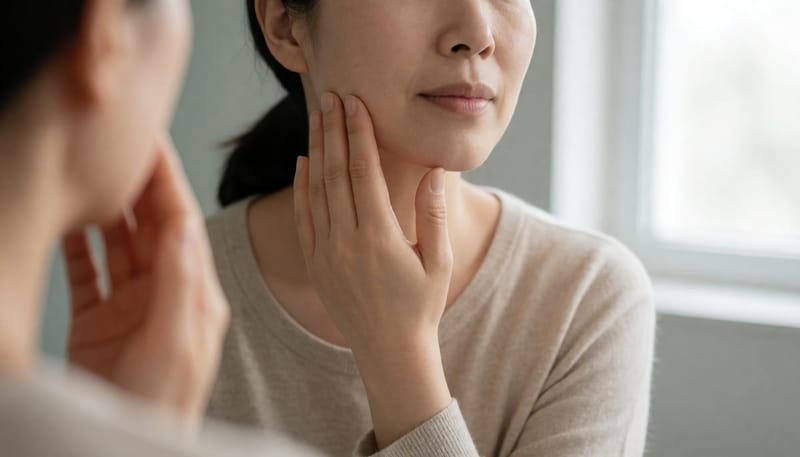 손끝으로 턱선과 볼의 붓기 정도를 확인하는 여성