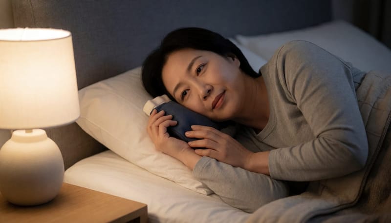 밤에 머리를 높이고 냉찜질 패드로 붓기를 관리하는 모습