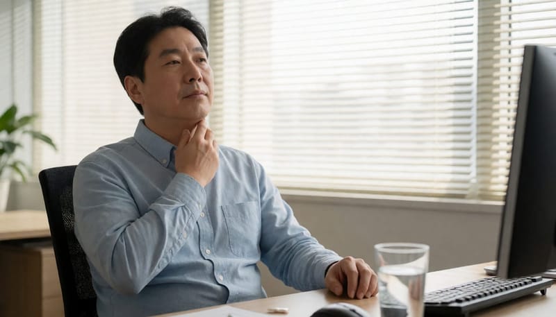 업무 중 목이 간질거려 목을 만지는 남성