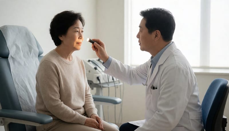 진료실에서 의사에게 목 상태를 진찰받는 여성