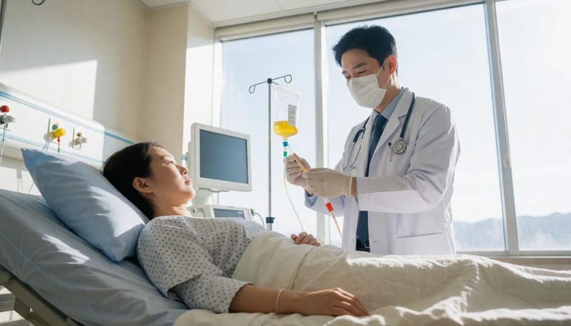 약물 치료나 시술을 준비하는 병원 처치실 장면