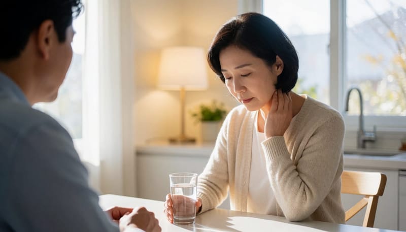 밤에 홀로 식탁에 앉아 목을 만지며 걱정하는 여성