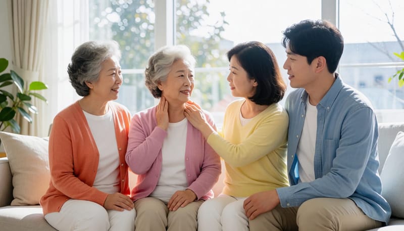 가족 삼대가 거실에 모여 앉아 목 건강을 염려하는 모습