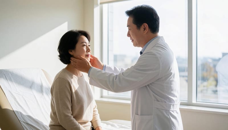 의사가 환자의 목을 손으로 촉진하며 변화를 살피는 진료 장면