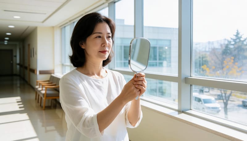 병원 복도에서 손거울로 자신의 목 상태를 확인하는 여성