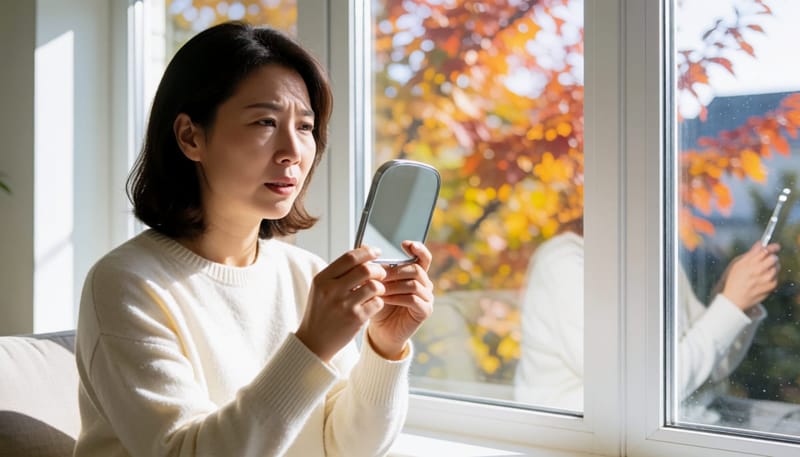 환절기 창가에서 손거울로 눈 상태를 살펴보는 여성