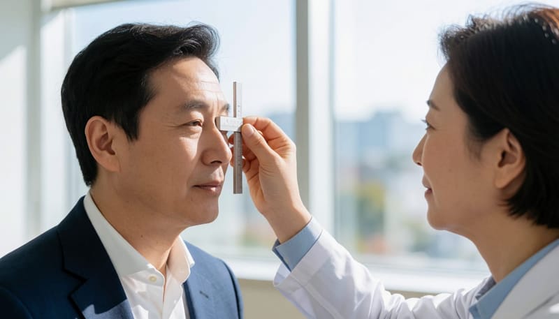 안구돌출 정도를 기구로 정밀하게 측정하는 진료 장면