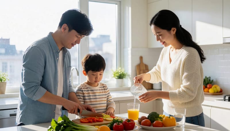 가족이 함께 건강한 아침 식사를 준비하는 생활관리 장면
