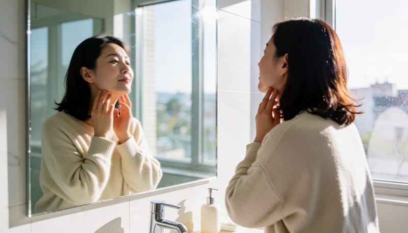 거울 앞에서 목을 만져보며 혹을 확인하는 여성