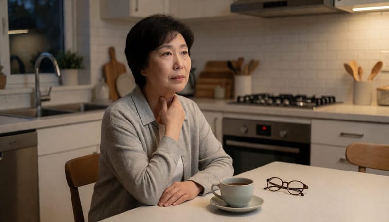 저녁 시간 집에서 피곤한 표정으로 목 주변을 만지는 여성의 모습
