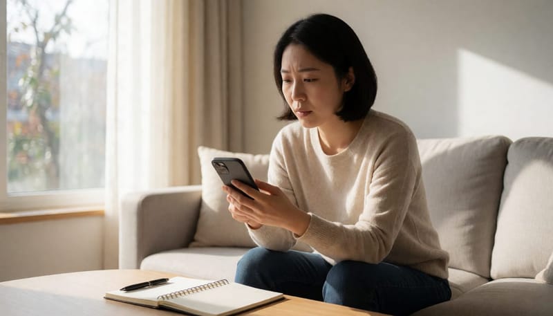 소파에 앉아 스마트폰을 보며 혼란스러운 표정을 짓는 여성의 모습
