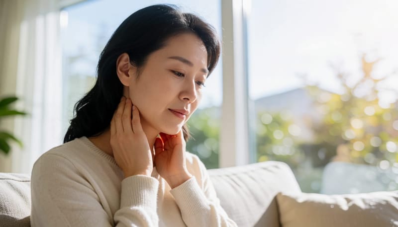 목 주변을 만지며 몸의 신호를 살피는 여성의 모습