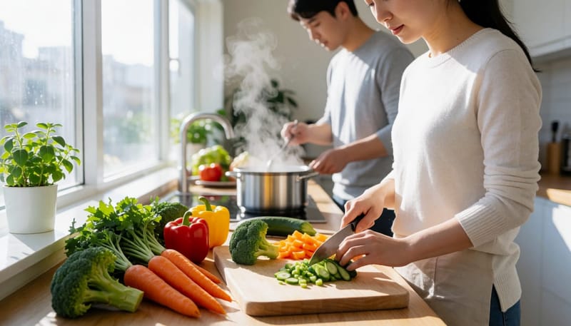 채소를 손질하며 건강한 식단을 준비하는 자가관리 모습