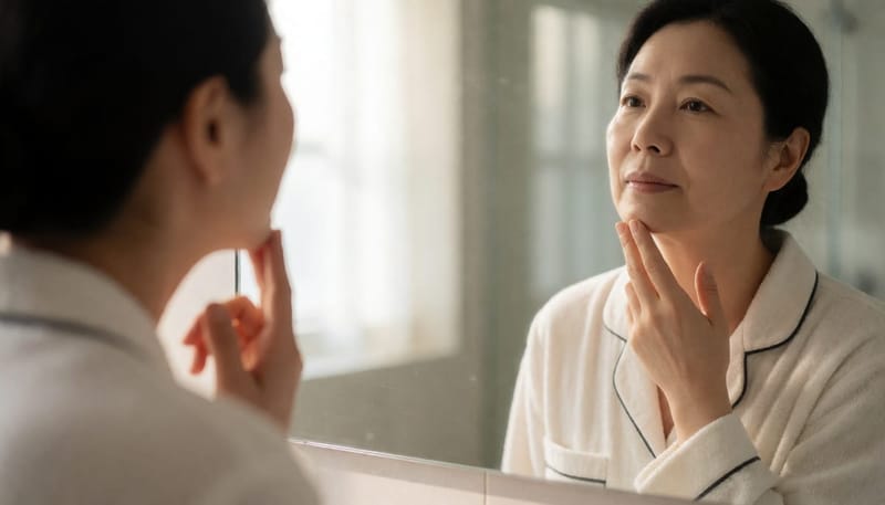거울 앞에서 목을 만져보며 살펴보는 여성