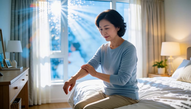 환절기 아침 침대에서 팔을 만지며 이상함을 느끼는 여성