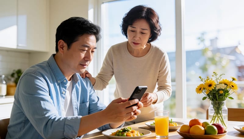 팔 저림 증상을 지켜보며 가족이 상태를 확인하는 모습