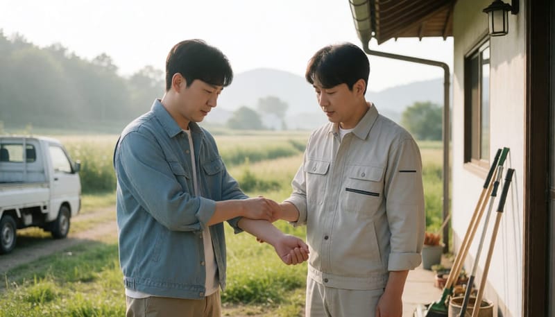 벌초 다녀온 동료가 팔에 생긴 붉은 자국을 보여주는 모습