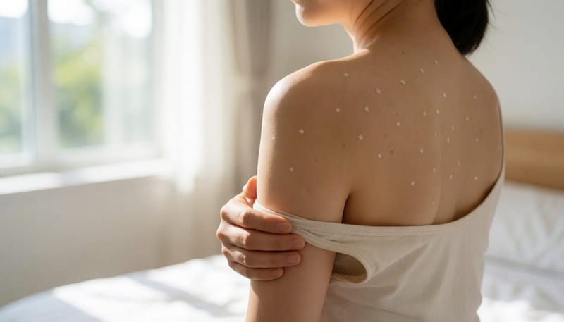 여름 햇살 아래 등에 하얀 반점이 보이는 여성의 뒷모습 클로즈업