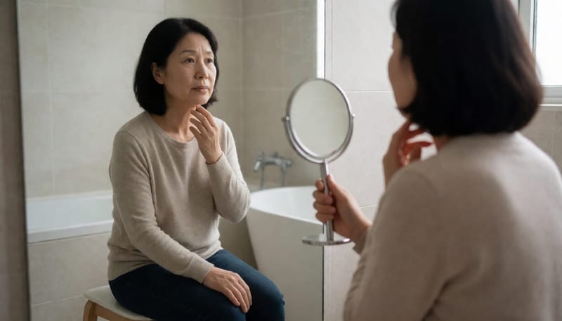 거울 앞에서 가슴 반점을 손으로 확인하는 여성