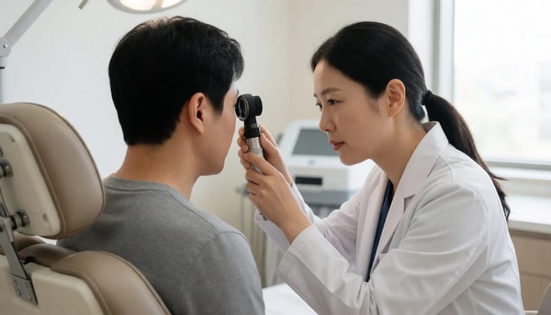 피부과에서 의사가 확대경으로 환자의 등 피부를 진단하는 모습