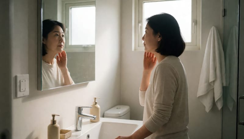 세면대 거울 앞 턱 만지는 여성