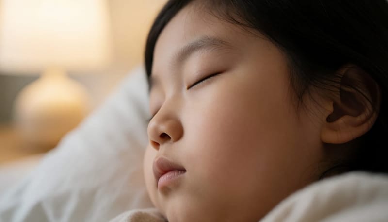 체온 조절이 서툴러 땀을 흘리며 얼굴이 상기된 채 잠든 아이