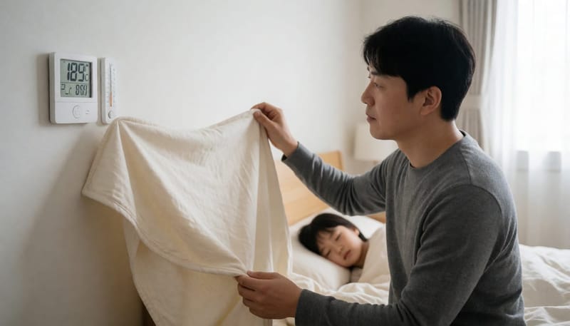 실내 온습도계를 확인하며 아이의 이불 두께를 고민하는 아빠