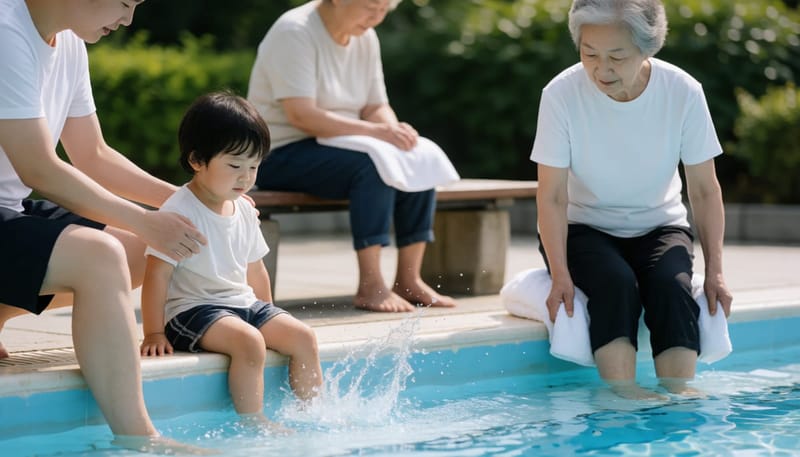 아이와 노년 여성이 각각 물놀이 후 발을 관리하는 모습을 대비한 야외 수영장 장면