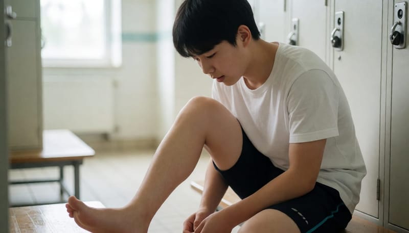 수영장 탈의실에서 발가락 사이 피부 상태를 살펴보는 청소년의 모습