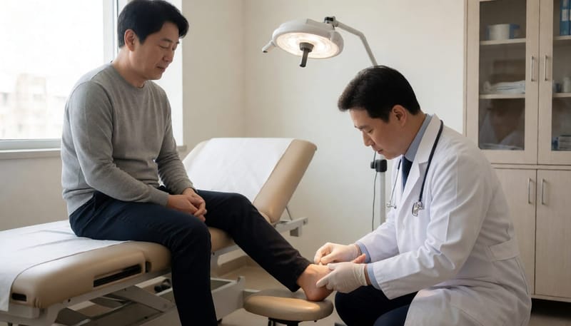 발가락 사이 피부 변화로 병원을 찾아 의사에게 진료받는 남성의 모습