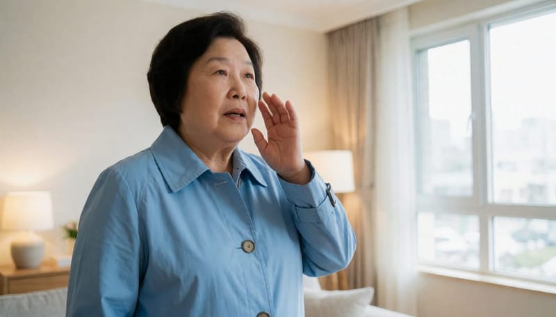 집에서 자신의 입 냄새를 손으로 확인하며 걱정스러운 표정을 짓는 70대 여성