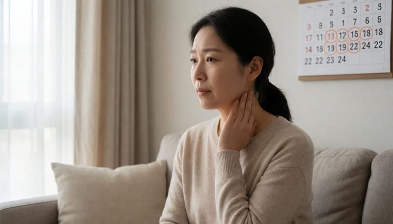 목 옆을 만지며 컨디션을 확인하는 여성