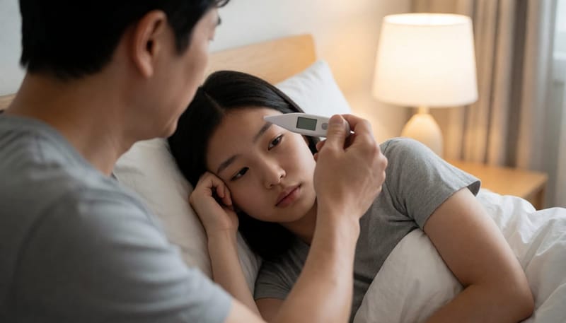 체온계로 발열을 확인하는 아버지와 딸