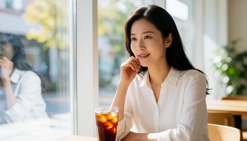 얼음이 든 아이스커피를 마시다 턱을 짚고 통증을 느끼는 여성