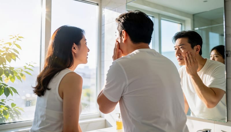 거울을 보며 볼을 짚고 치아 상태를 걱정스럽게 확인하는 남성