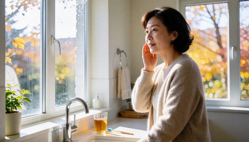 환절기 아침 찬 공기 속에서 뺨을 만지며 불편해하는 여성