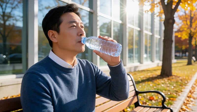차가운 물을 마시다 순간 시큰함을 느끼는 남성의 옆모습