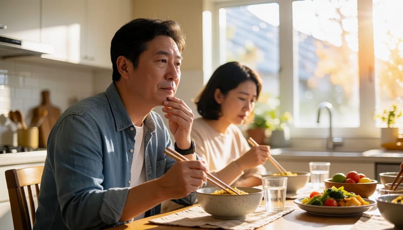 식사 중 문득 턱을 만지며 생각에 잠긴 중년 남성