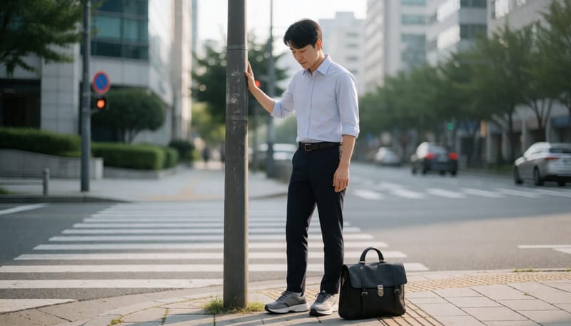 출근길 러닝화를 신은 30대 직장인이 발등 통증으로 잠시 멈춰선 모습