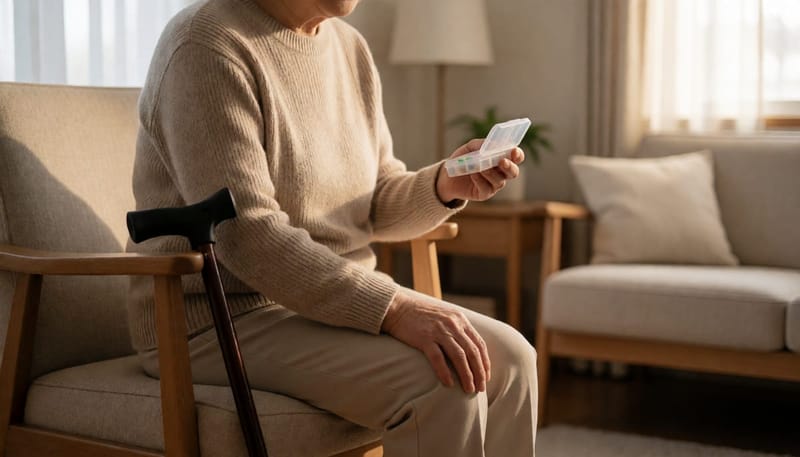 고령층 여성이 복용 중인 약과 함께 발목 상태를 살펴보는 모습