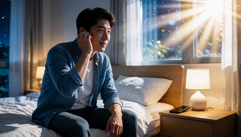 큰 소리를 들은 뒤 침대에 앉아 한쪽 귀를 감싸 쥔 남성