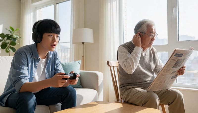헤드폰을 쓴 청소년과 보청기를 조절하는 노인이 한 공간에 있는 모습