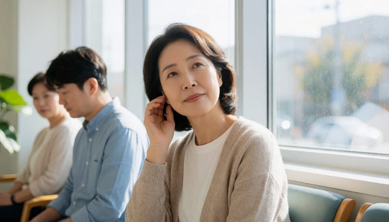 귀 상태를 가늠하듯 조용히 앉아있는 여성의 모습