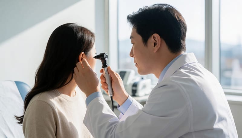 의사가 환자의 귀를 검사 기구로 살펴보는 진료 장면