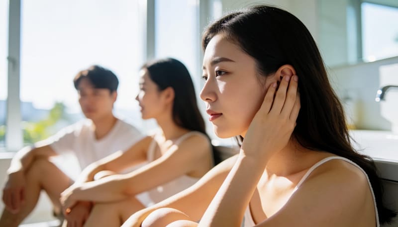 이명과 귀 통증을 느끾며 귀를 감싸는 여성의 모습