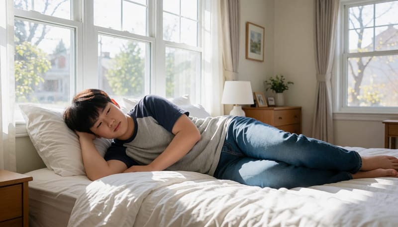 집에서 귀를 보호하며 옆으로 누워 쉬는 청소년의 모습