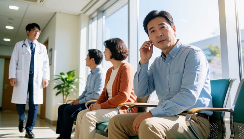 귀 증상으로 병원 진료를 기다리는 남성과 다가오는 의사