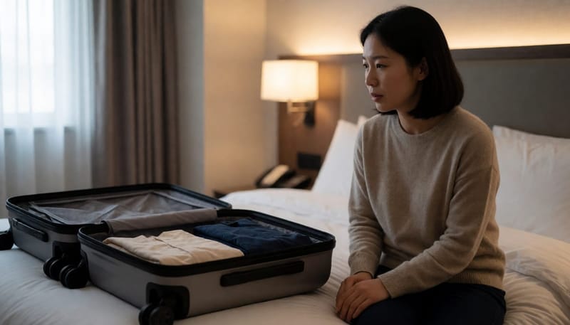 캐리어를 풀다 말고 배를 움켜쥔 채 앉아있는 여성